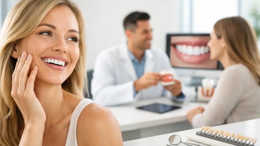 Smiling woman in foreground with a dentist consulting a patient in the background, dental tools and shade guide on the desk.