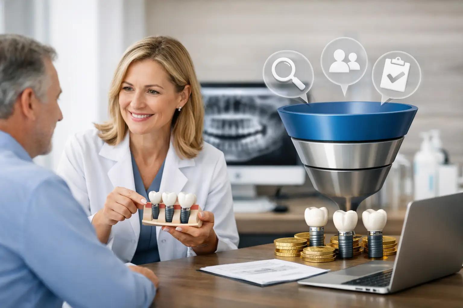 Dentist showing a dental implant model to a patient beside a marketing funnel and coins on a desk.