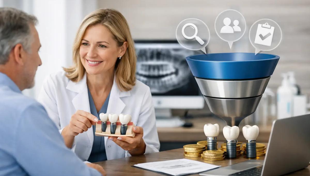 Dentist showing a dental implant model to a patient beside a marketing funnel and coins on a desk.
