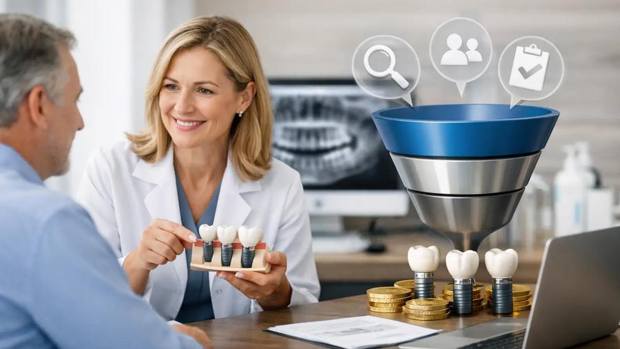 Dentist showing a dental implant model to a patient beside a marketing funnel and coins on a desk.