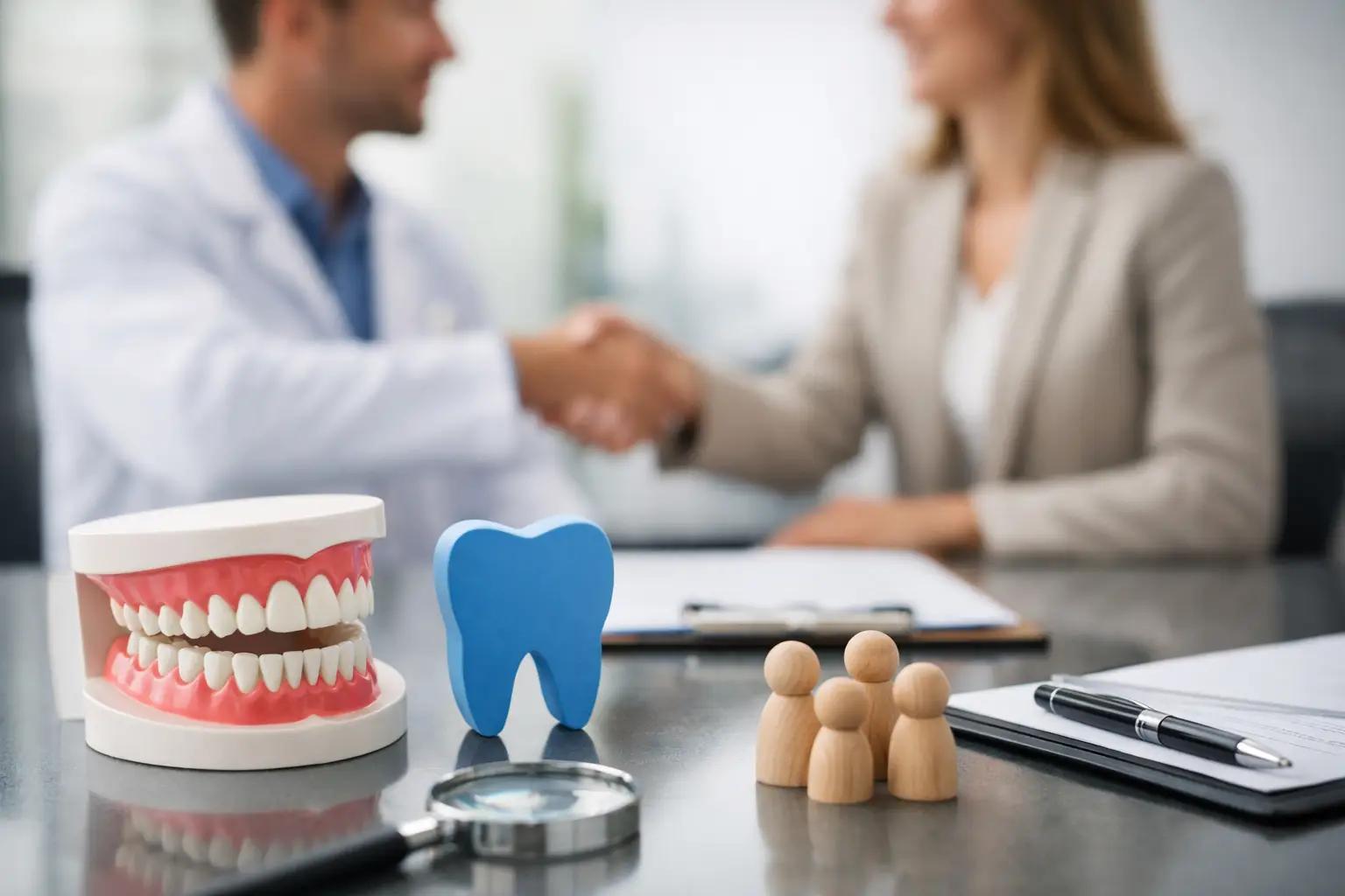 Dentist and patient shaking hands over a desk with a jaw model, blue tooth figure, wooden people figurines, and a clipboard.