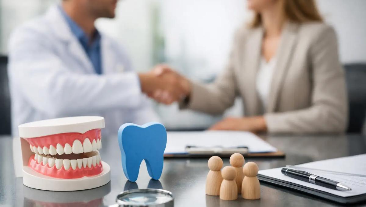 Dentist and patient shaking hands over a desk with a jaw model, blue tooth figure, wooden people figurines, and a clipboard.