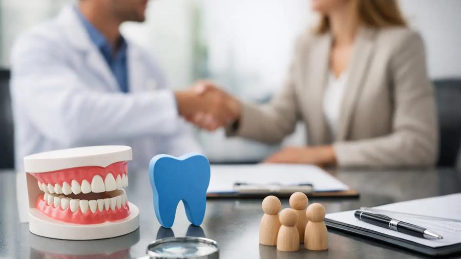 Dentist and patient shaking hands over a desk with a jaw model, blue tooth figure, wooden people figurines, and a clipboard.