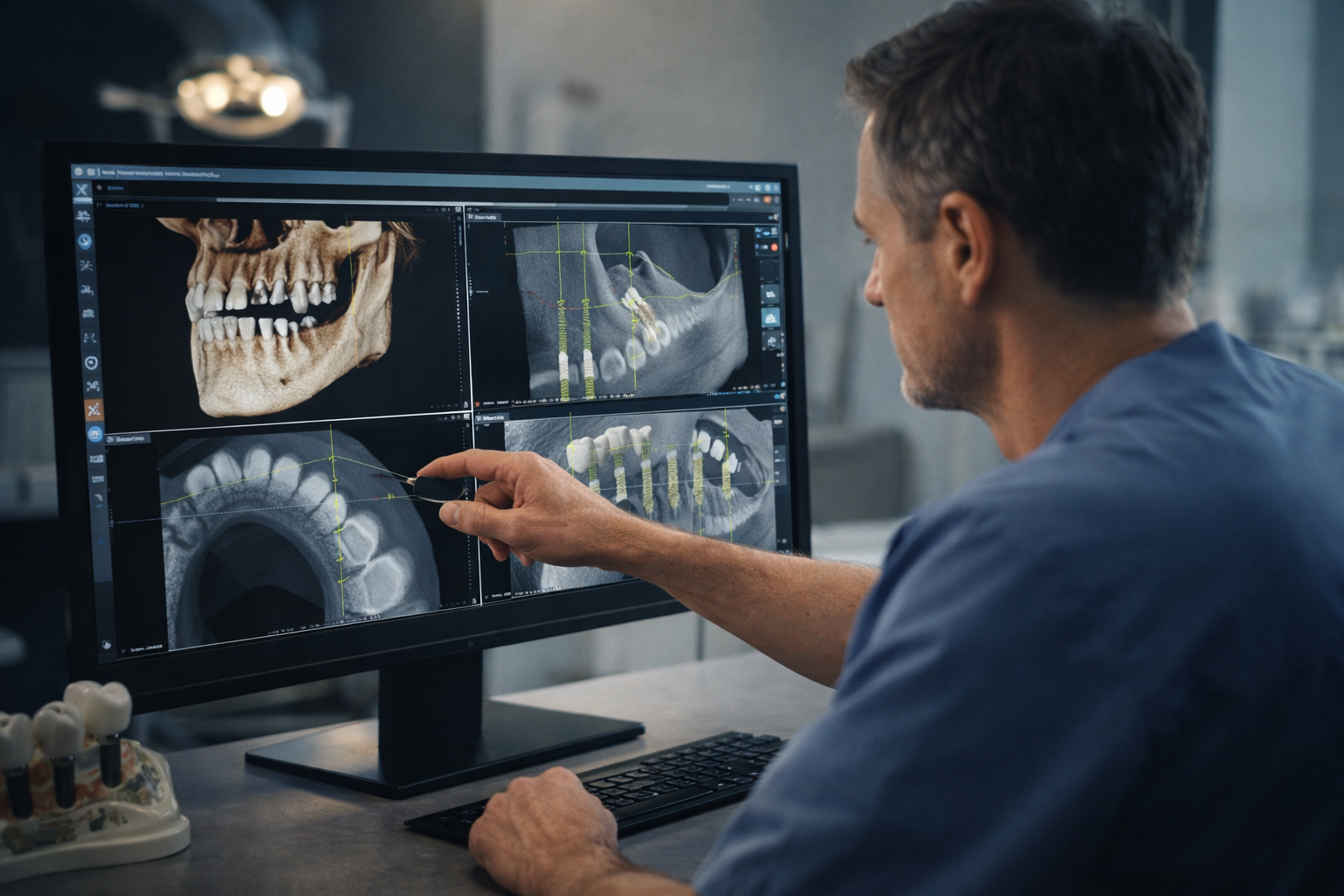 Dentist reviewing a 3D CT scan on a monitor for dental implant treatment planning in a modern dental office.