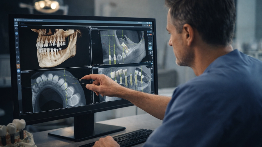 Dentist reviewing a 3D CT scan on a monitor for dental implant treatment planning in a modern dental office.