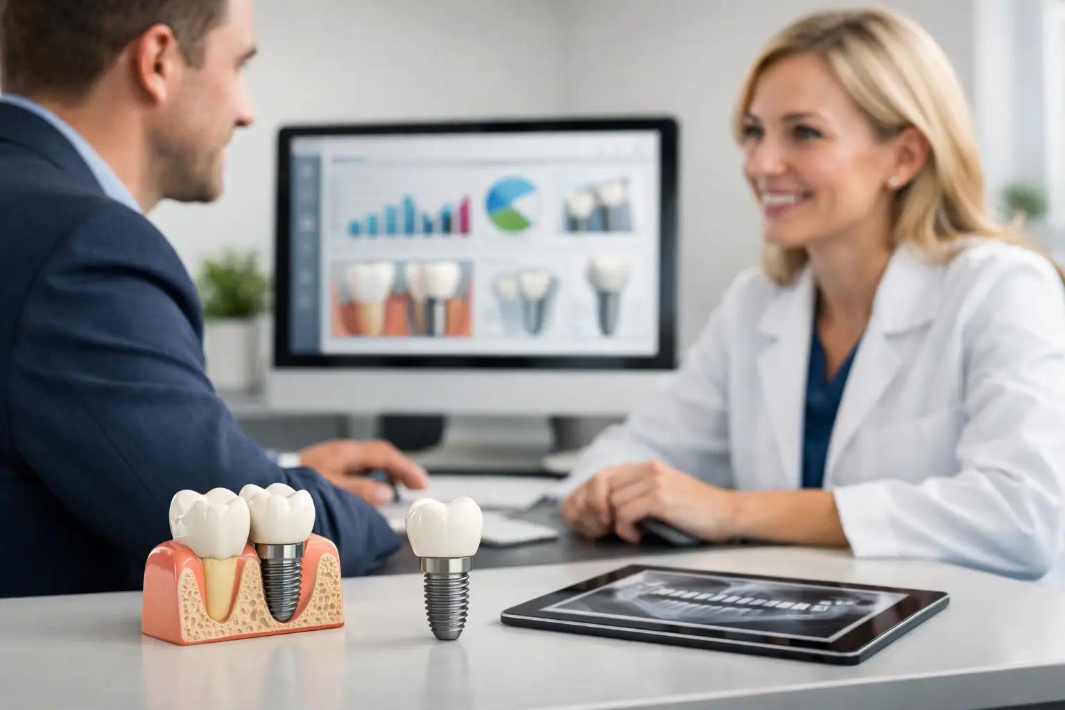 Dentist consulting patient with dental implants model and growth charts on screen, representing successful treatment and practice growth