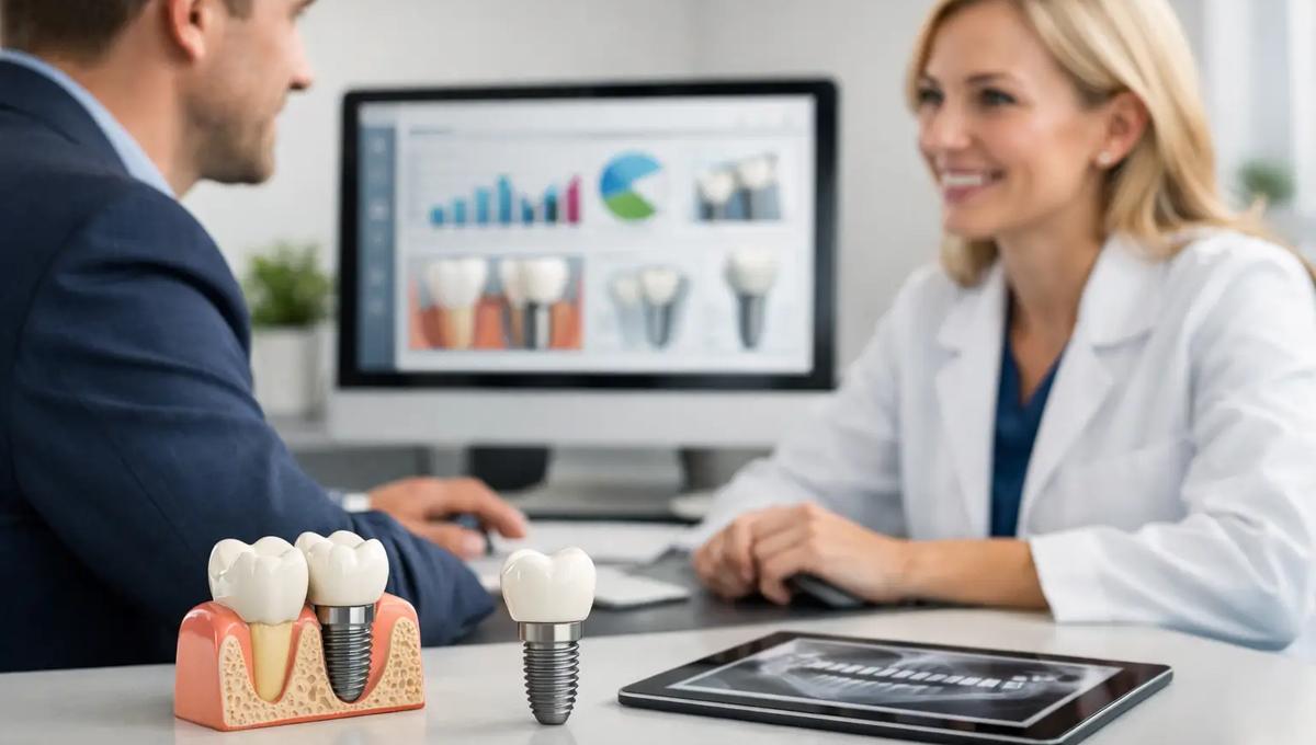 Dentist consulting patient with dental implants model and growth charts on screen, representing successful treatment and practice growth