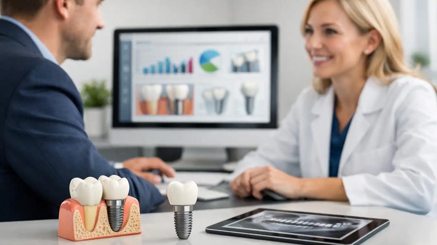 Dentist consulting patient with dental implants model and growth charts on screen, representing successful treatment and practice growth