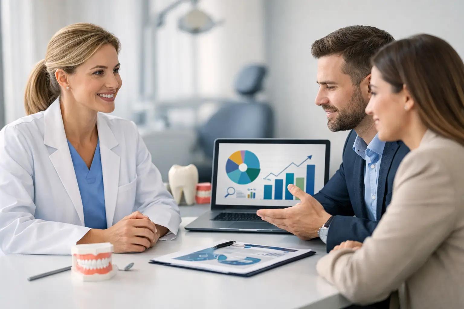 Smiling dentist consulting a couple with a growth chart on a laptop, dental jaw model, and tooth model on the desk.