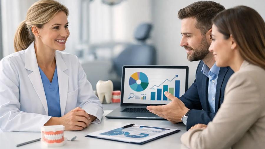 Smiling dentist consulting a couple with a growth chart on a laptop, dental jaw model, and tooth model on the desk.