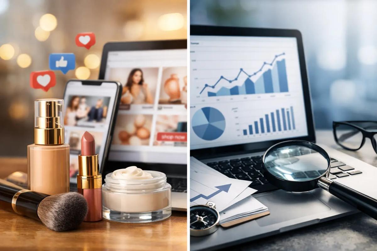 Split image: beauty products with social media icons beside a laptop showing a growth chart with a magnifying glass and compass.