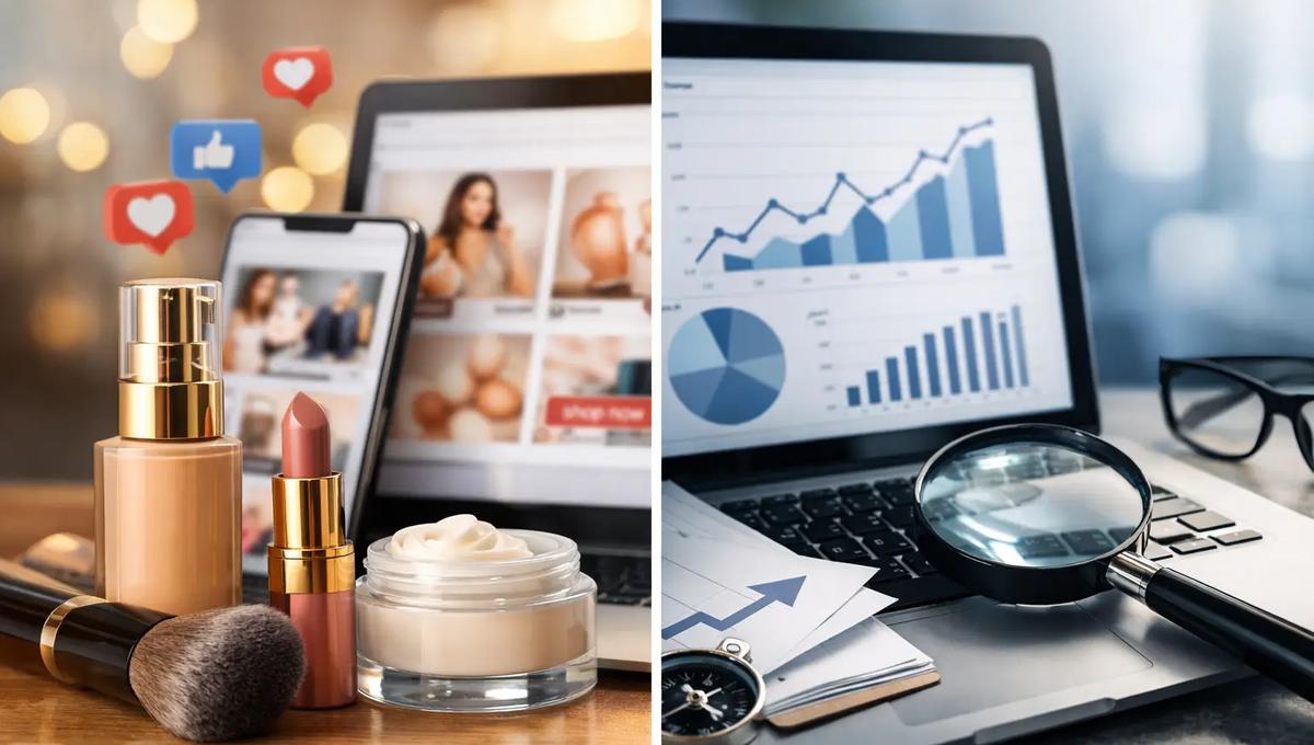 Split image: beauty products with social media icons beside a laptop showing a growth chart with a magnifying glass and compass.