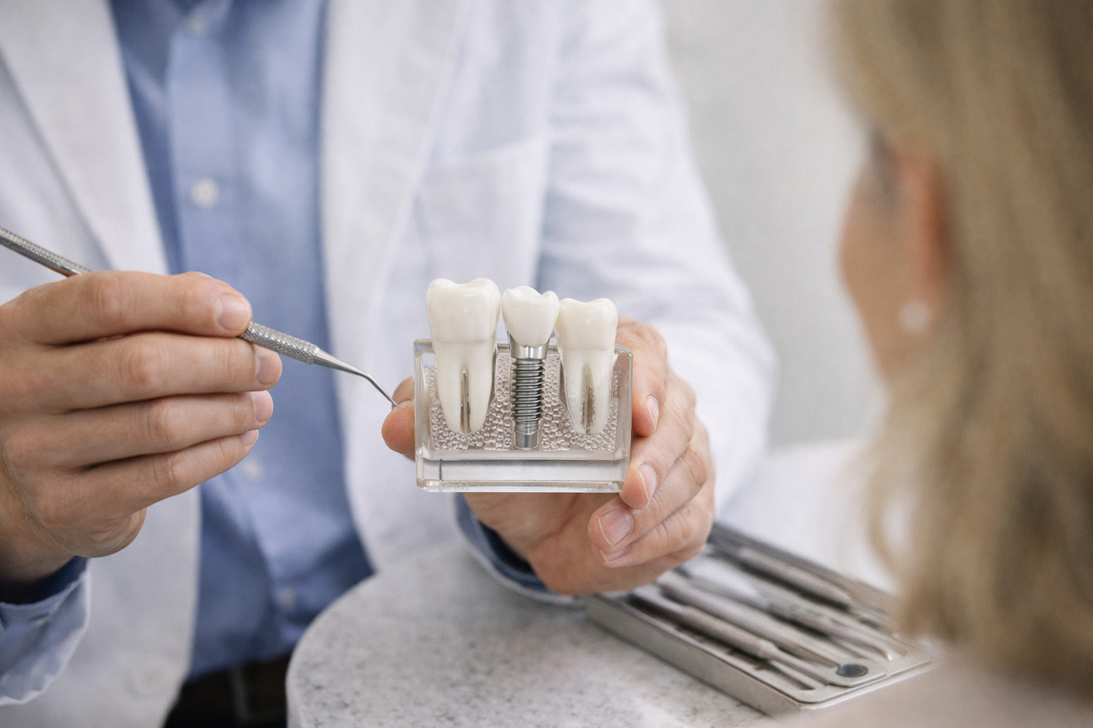 Dentist demonstrating the dental implant procedure using a physical implant model during a consultation.