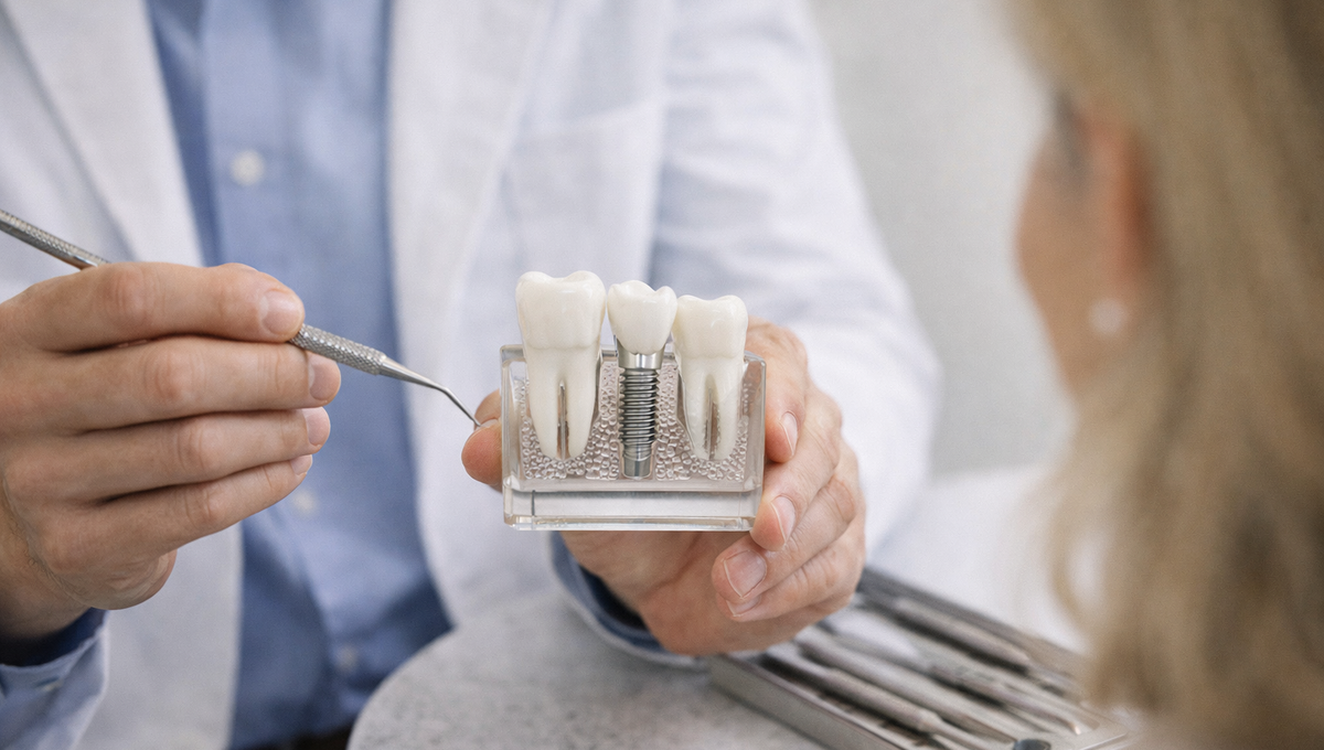 Dentist demonstrating the dental implant procedure using a physical implant model during a consultation.