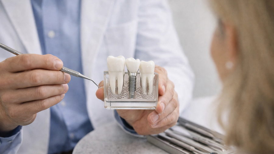 Dentist demonstrating the dental implant procedure using a physical implant model during a consultation.