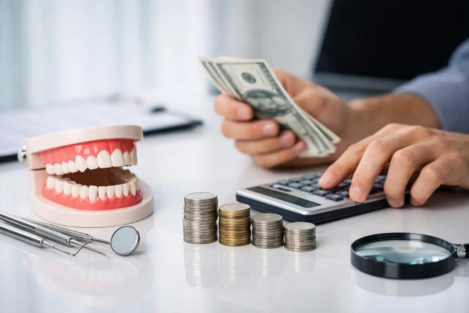 Hands counting cash and using a calculator beside a dental jaw model, stacked coins, tools, and a magnifying glass on a desk.