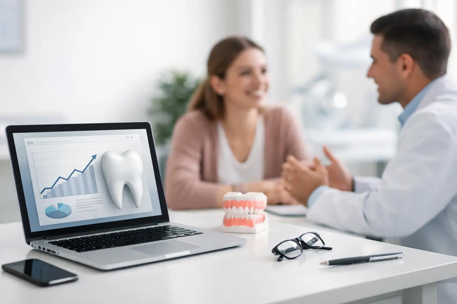Dentist and smiling patient at desk with laptop showing dental growth chart, jaw model, glasses, and pen in foreground.