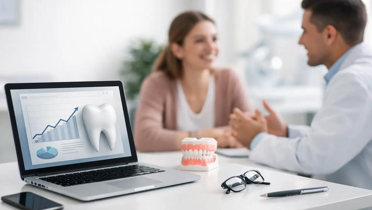 Dentist and smiling patient at desk with laptop showing dental growth chart, jaw model, glasses, and pen in foreground.