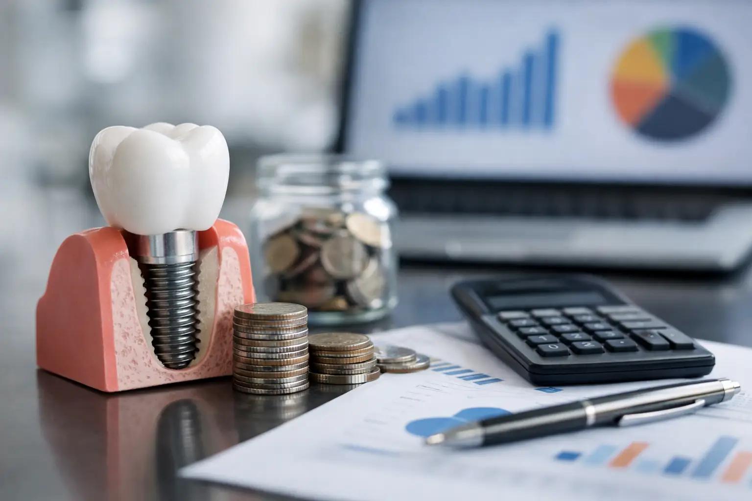 Dental implant model with coins, calculator, and charts showing revenue growth and financial performance in a dental practice