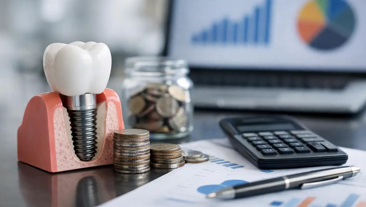 Dental implant model with coins, calculator, and charts showing revenue growth and financial performance in a dental practice