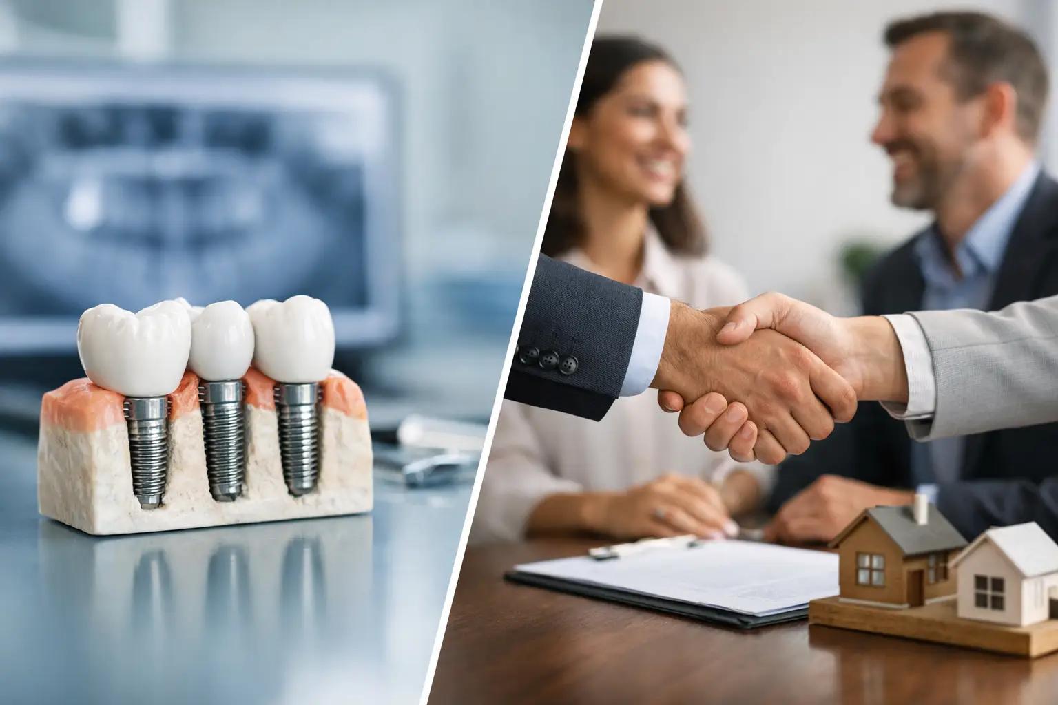 Dental implants on model beside a business handshake over a home purchase contract, symbolizing financing options for dental care.