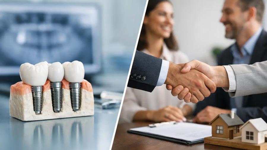 Dental implants on model beside a business handshake over a home purchase contract, symbolizing financing options for dental care.