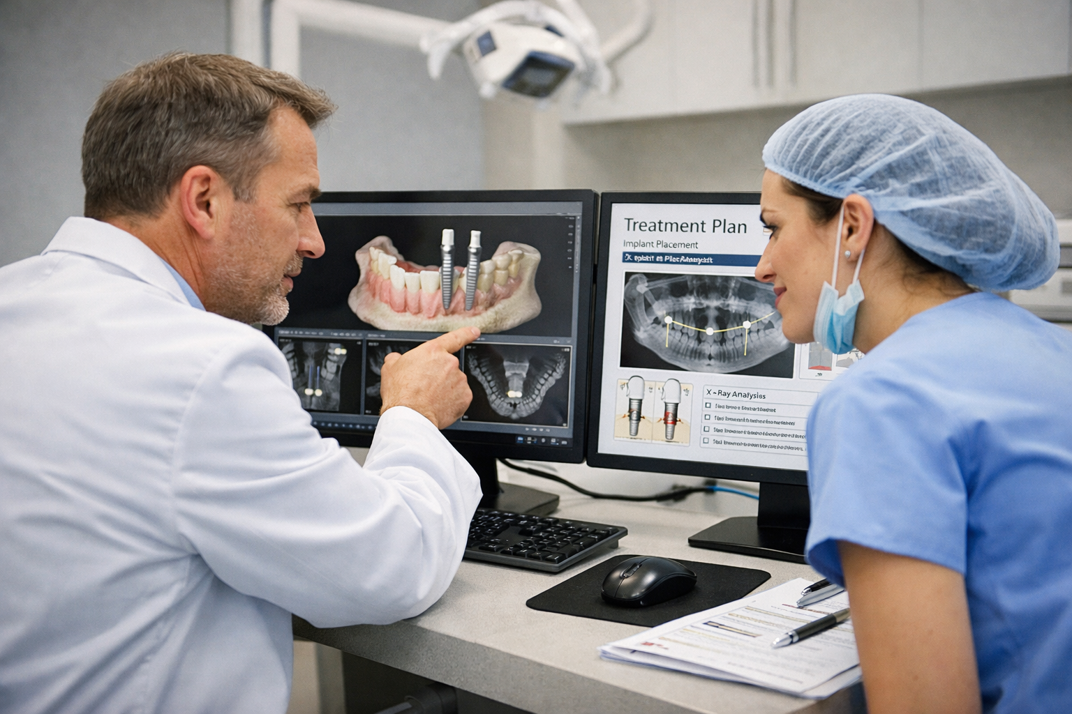 Dentist and dental assistant reviewing implant treatment planning on clinical software in a collaborative dental office setting.