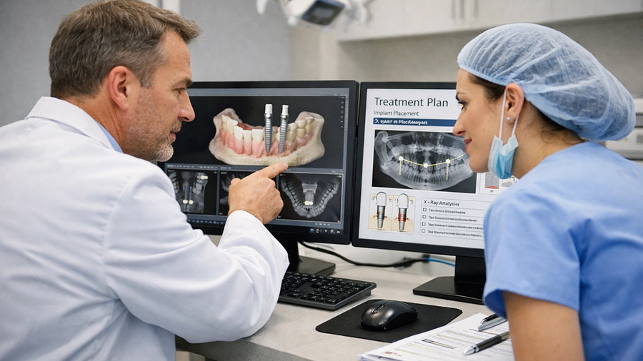 Dentist and dental assistant reviewing implant treatment planning on clinical software in a collaborative dental office setting.