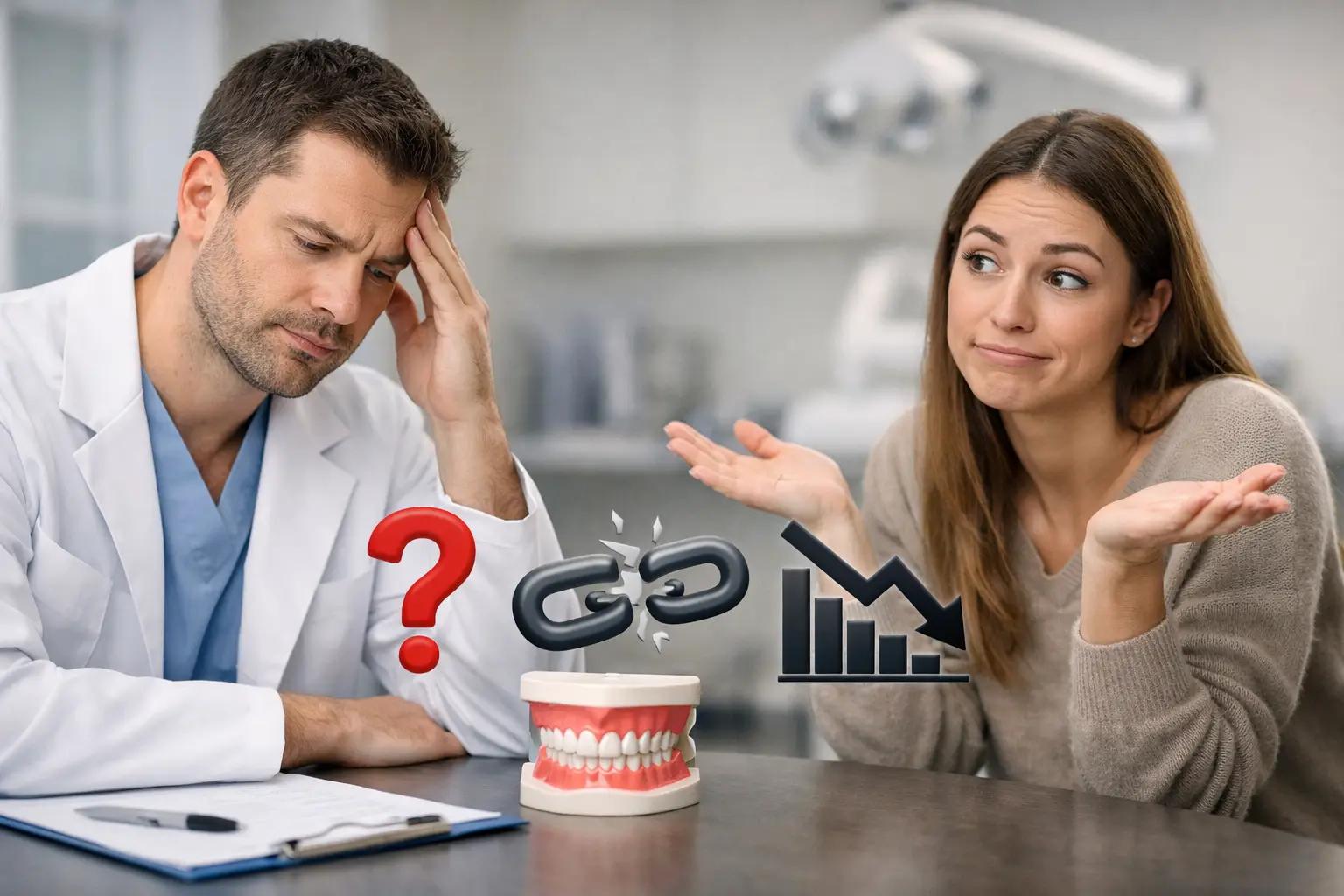Frustrated dentist and confused patient with broken chain and declining graph, symbolizing dental clinic marketing issues