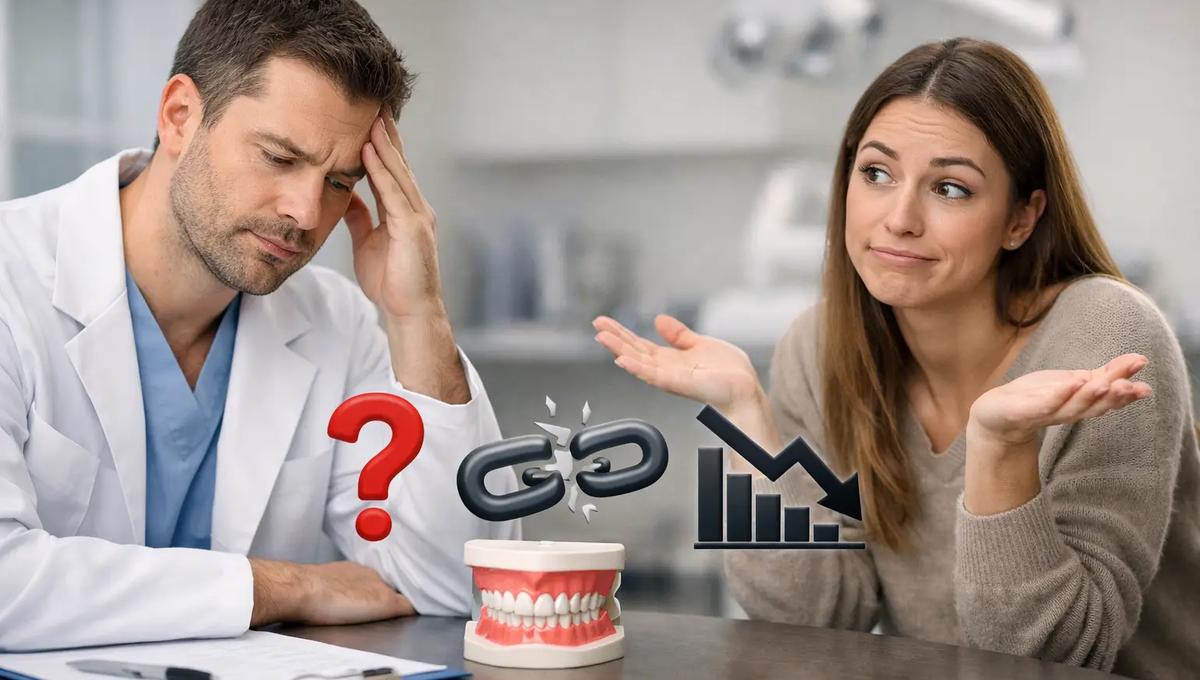 Frustrated dentist and confused patient with broken chain and declining graph, symbolizing dental clinic marketing issues
