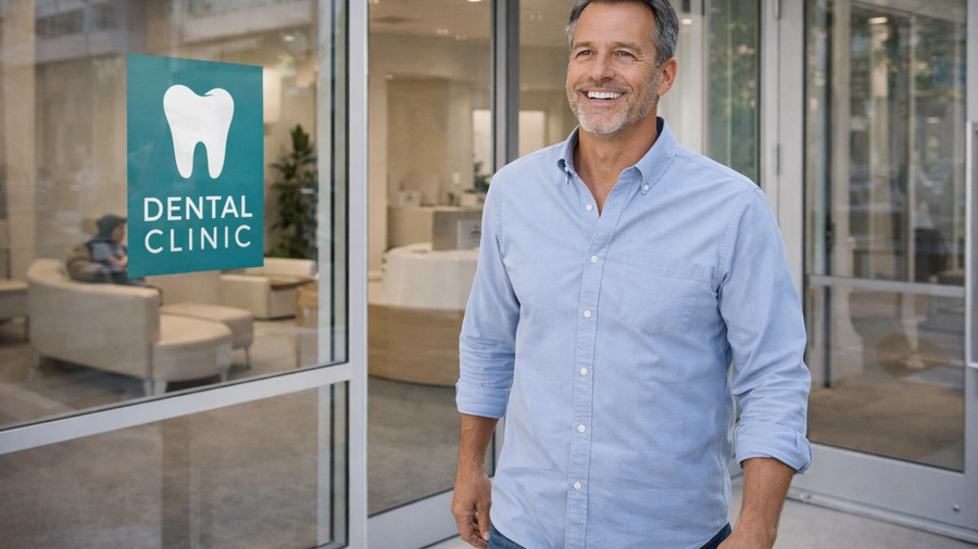 Patient leaving a dental clinic after a successful dental implant consultation, representing the start of the treatment journey.