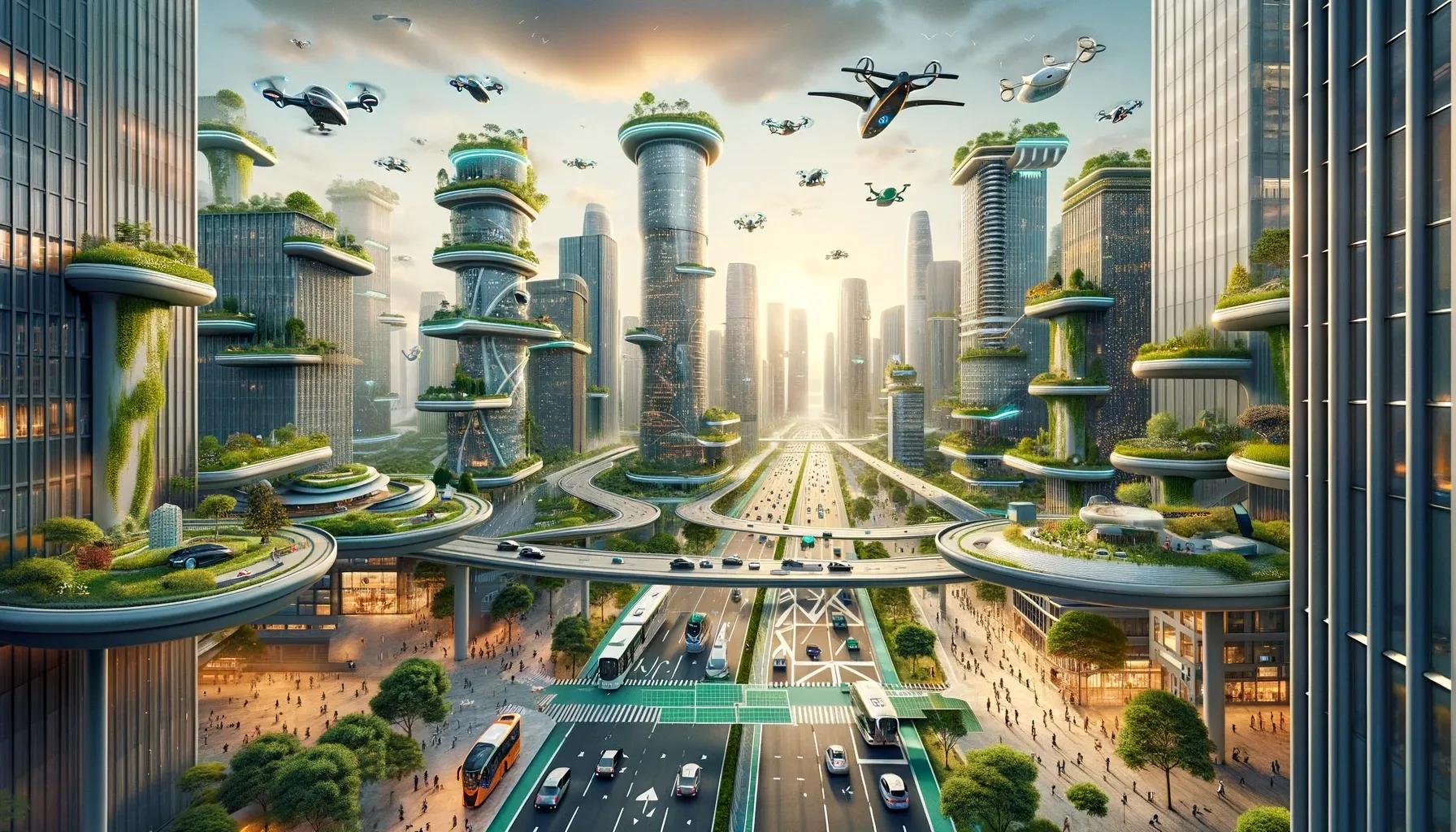 Futuristic cityscape: Flying cars revolutionize urban mobility and sustainability