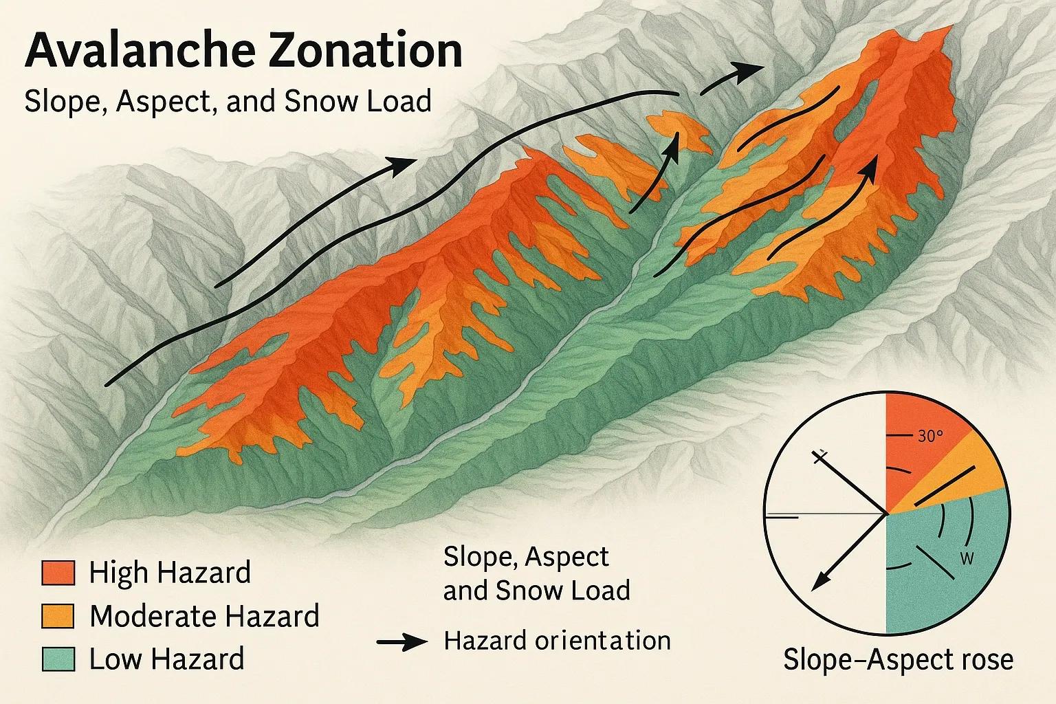 Avalanche Zonation, using slope, aspect, and snow load to map Himalayan instability (Illustrative visualization for conceptual understanding).