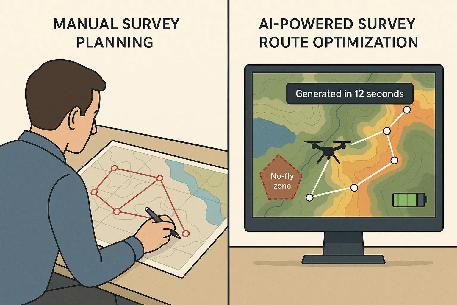 Generative AI generating optimized survey routes in seconds, minimizing overlaps, maximizing efficiency