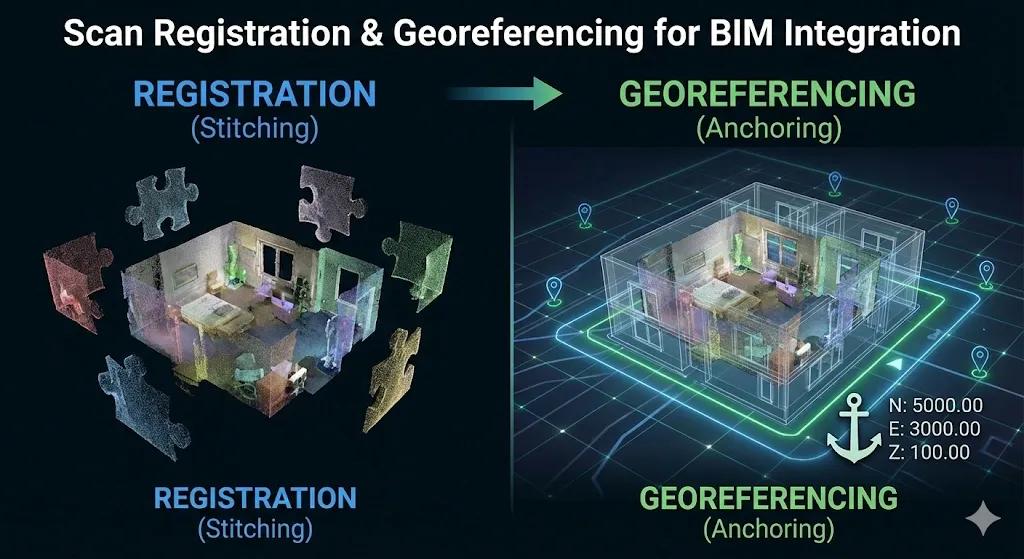 Registration aligns scans. Georeferencing aligns reality (Illustrative visualization for conceptual purposes).