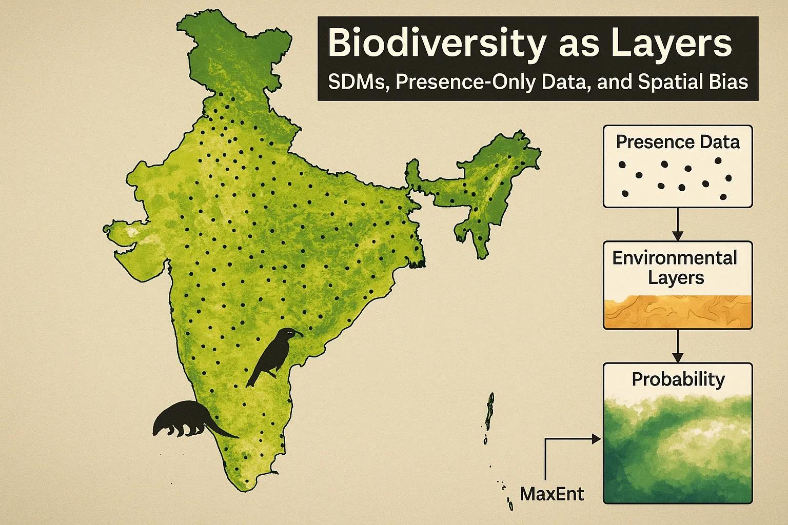 Biodiversity as Layers — from presence-only data to predictive habitat intelligence (Illustrative visualization for conceptual understanding).
