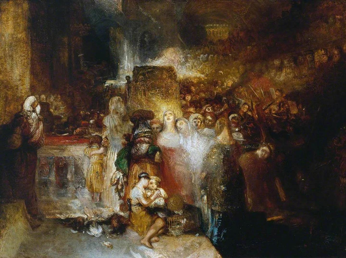 J.M.W. Turner, „Piłat umywający ręce”. Scena umywania rąk w złotobrązowym świetle.