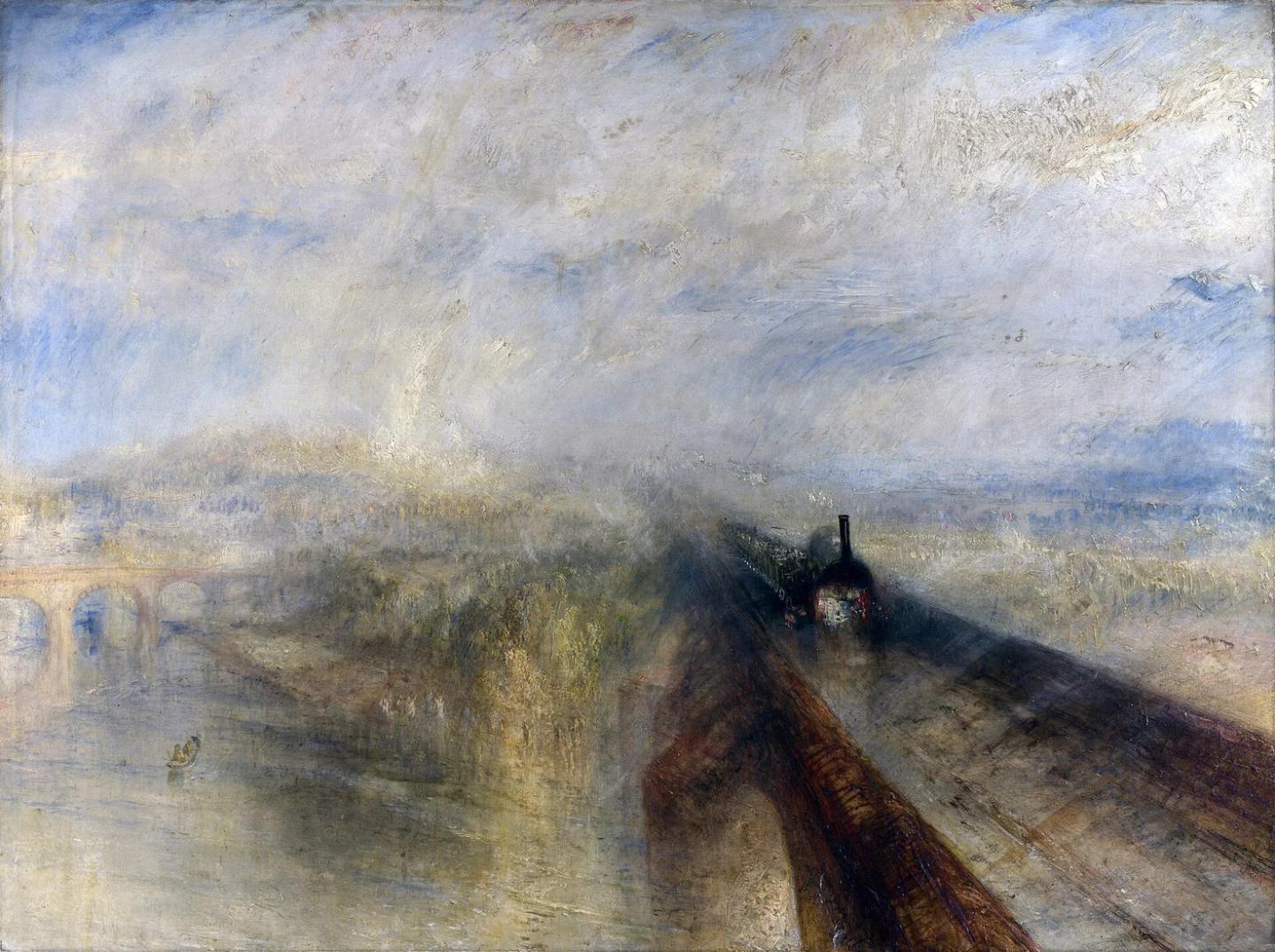 J.M.W. Turner, „Deszcz, para i szybkość — Wielka Kolej Zachodnia”. Pociąg i most wyłaniające się z deszczu i pary.