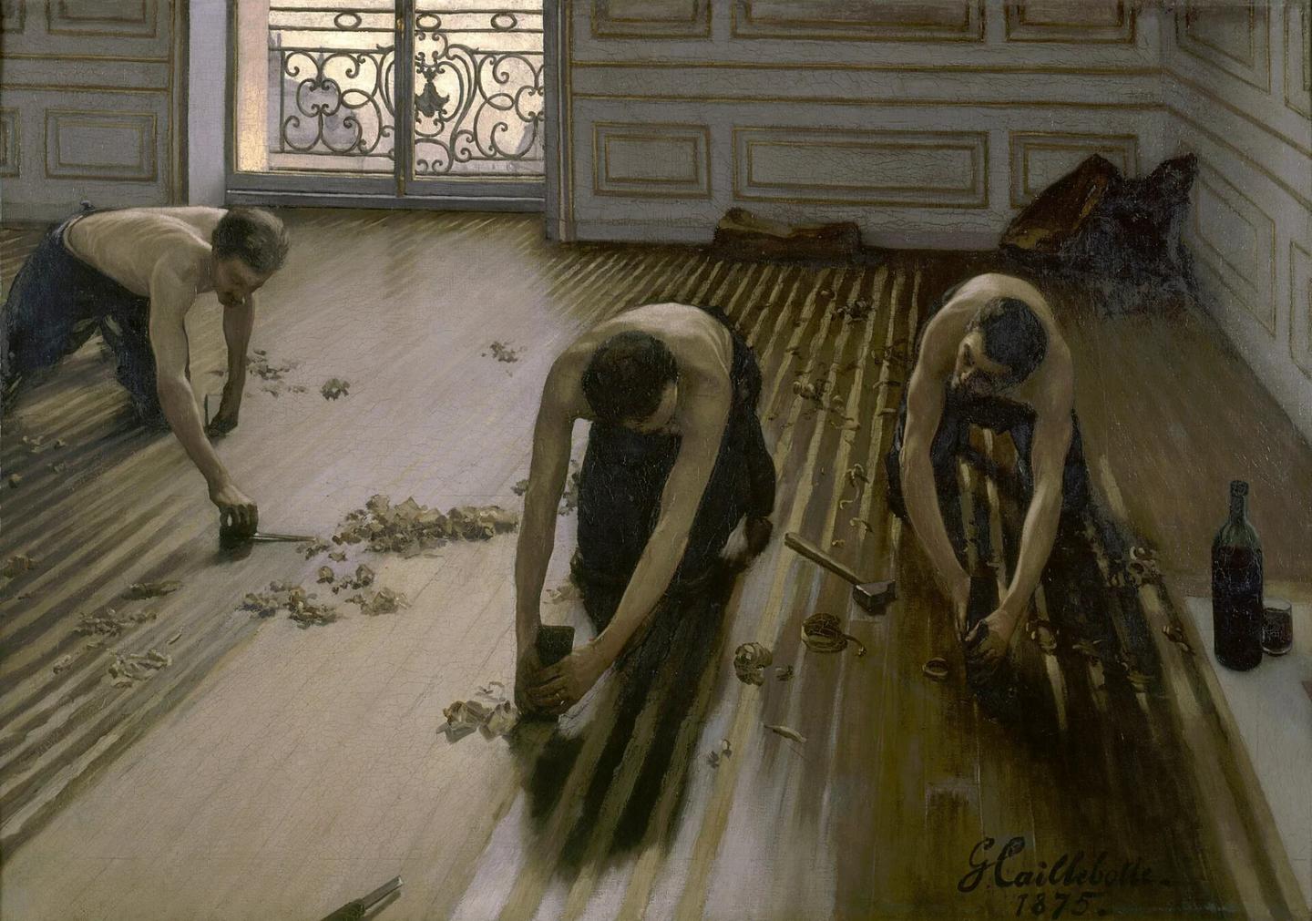 Gustave Caillebotte, „Cykliniarze”. Mężczyźni pracujący przy drewnianej podłodze.