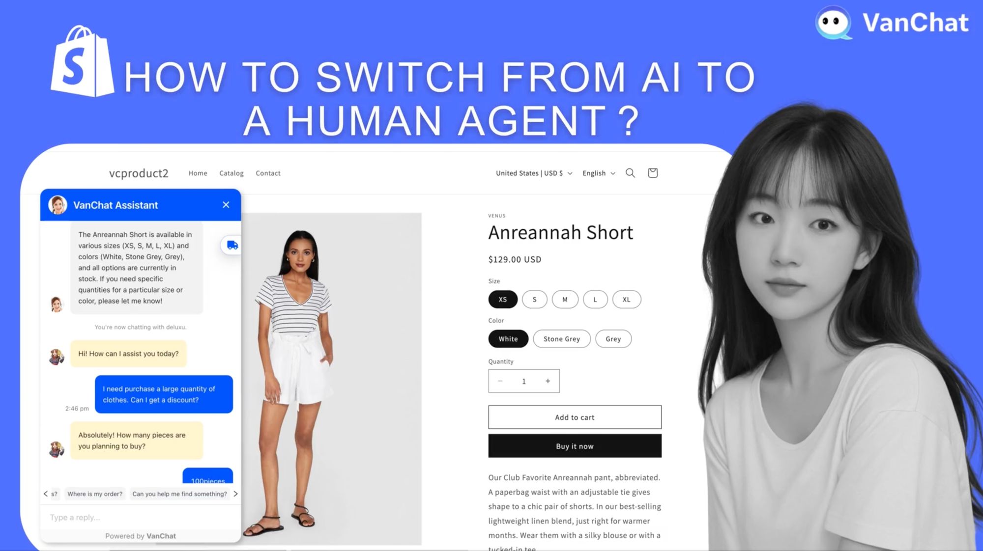 VanChat chatbot on a Shopify page with the question “How to switch from AI to a human agent?