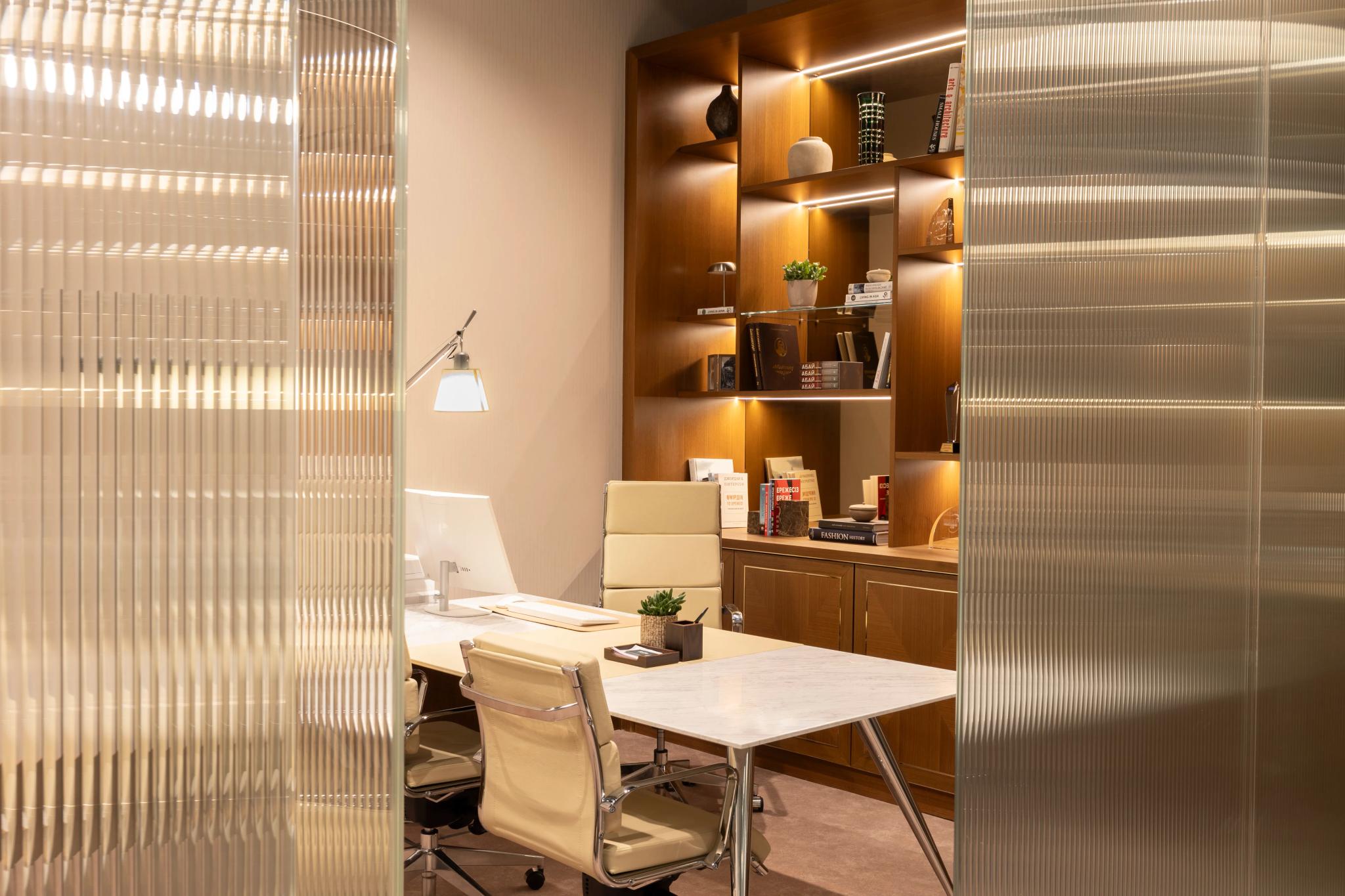 Modern executive office in Forte Bank Premier branch with wooden shelving and panoramic windows - professional interior photography Astana Kazakhstan