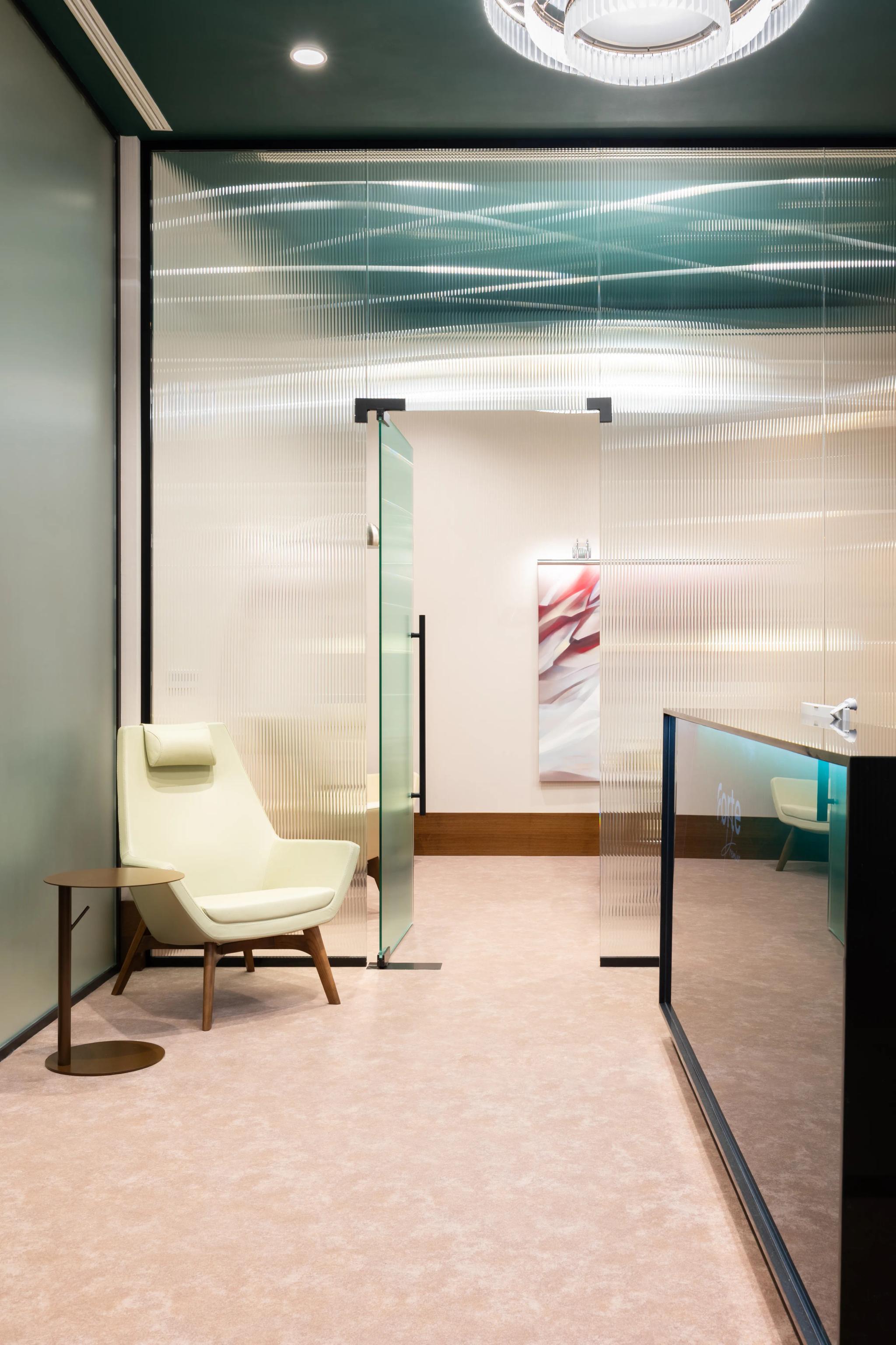 Forte Bank Premier VIP lounge in Astana: luxury interior photography of modern office space with glass partition and contemporary design
