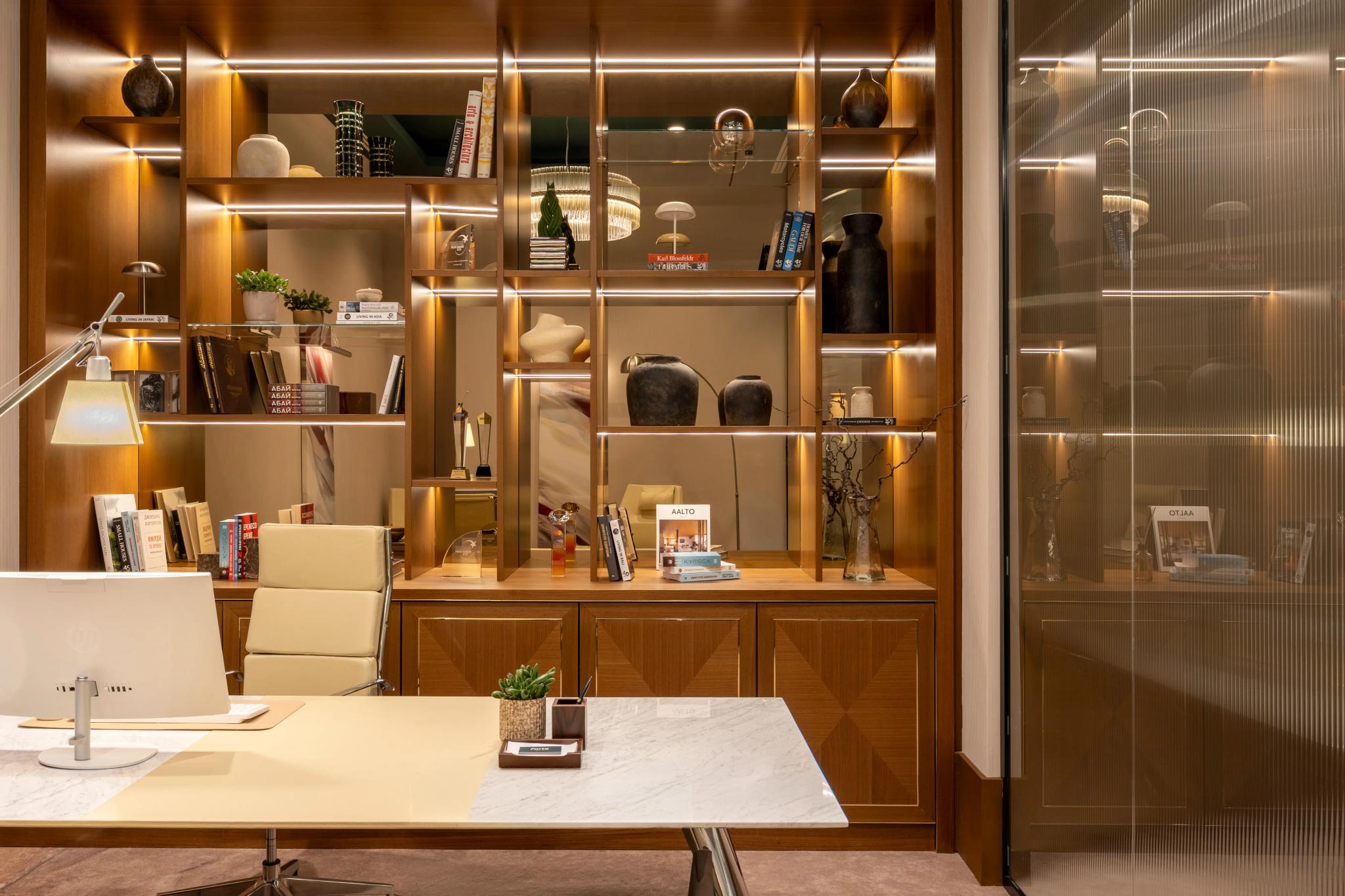 Interior photography by Dinara Zheksenbieva. Luxury VIP bank office interior with wooden shelving and marble desk, professional interior photography Astana Kazakhstan