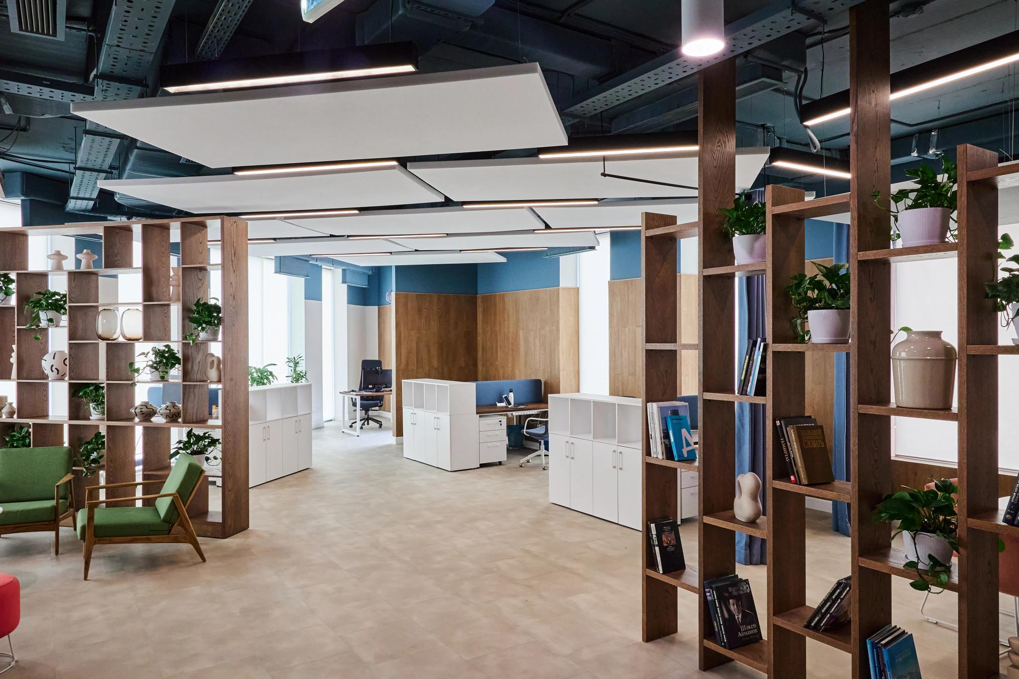 Modern open-space office at Esentai City Almaty with modular furniture and wooden partitions - commercial interior photography Kazakhstan