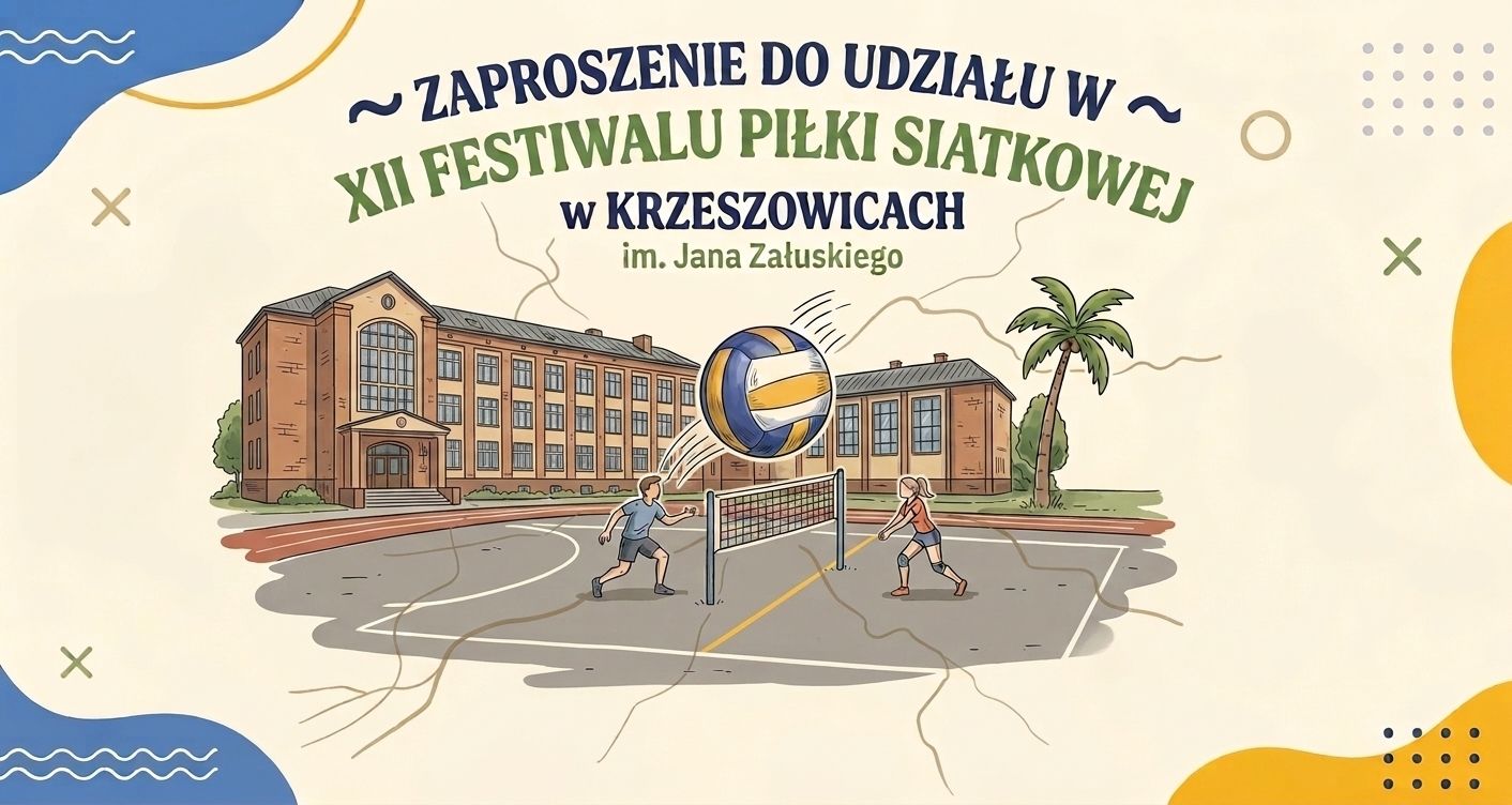uczniowie grający w siatkówkę na tle szkoły