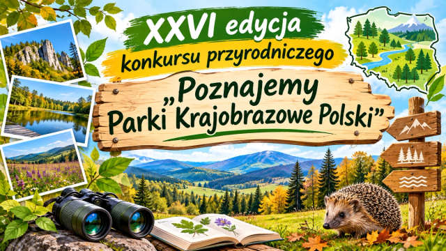 Mapa Polski z krajobrazami, zielnik, jeż, lornetka i trzy zdjęcia krajobrazu Polski