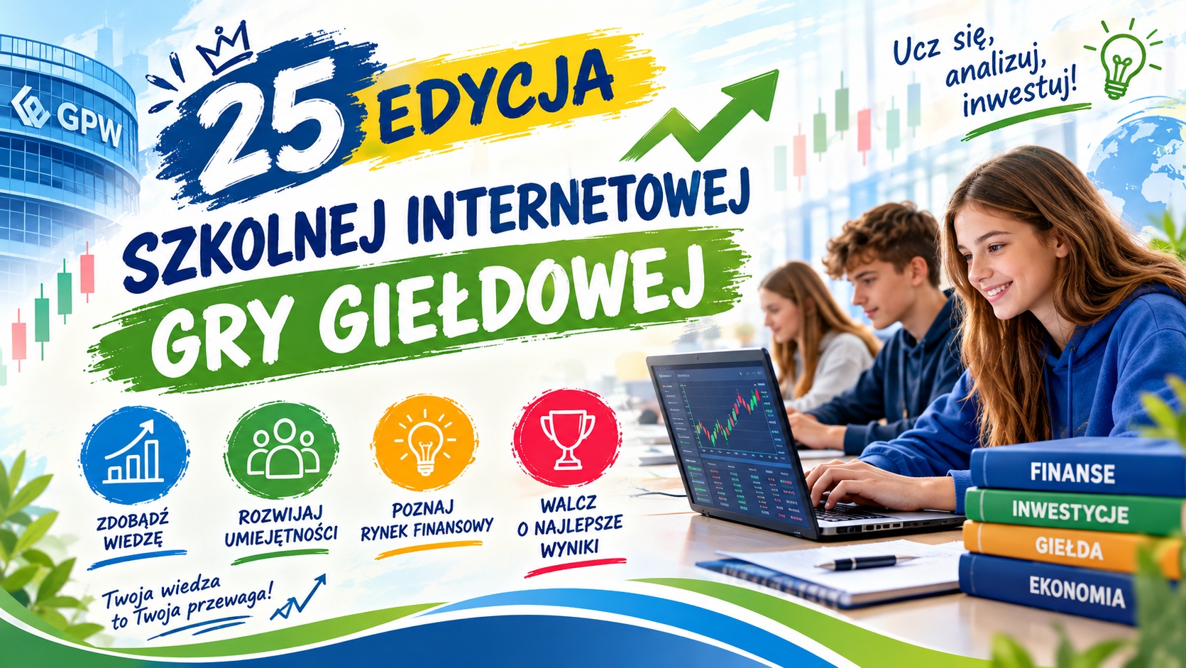 Giełda papierów w oddali, z przodu trójka uczniów z laptopami, książki do finansów, inwestowania