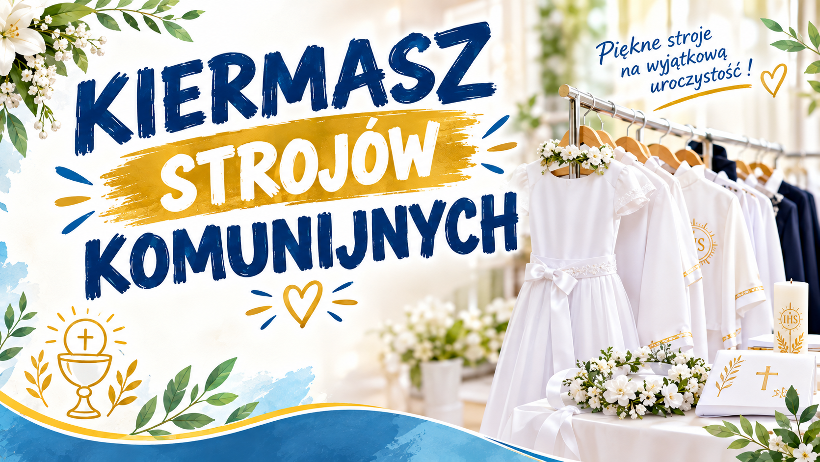 Sukienki i ubranka komunijne wiszą na wieszaku, przed nimi stolik z wiankami komunijnymi, świeca i książeczka do modlitwy