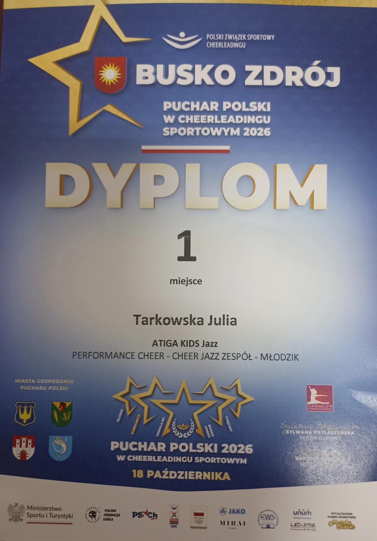 Dyplom za zdobycie 1 miejsca