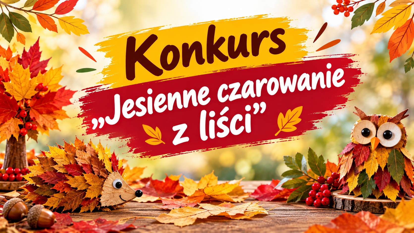 Jeż i sowa w liściach, porozsypywanie jesienne liście